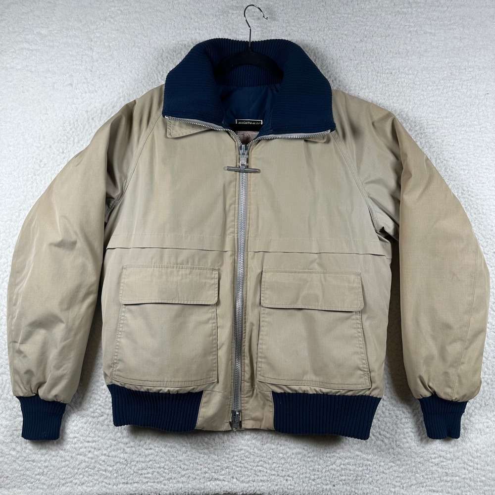 Vintage Mighty-Mac Bomber Jacket Mens Down Filled USA XL Tan Navy Nautical Work